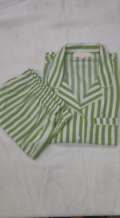 Striped Green Cotton Night Suit - Set of Two - SHIVKA