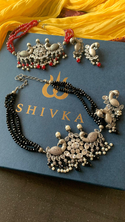 Statement Zirconia Short Necklace with Peacock Studs - SHIVKA