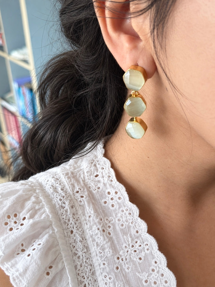White Hydro Quartz Three Tier Drop Earrings