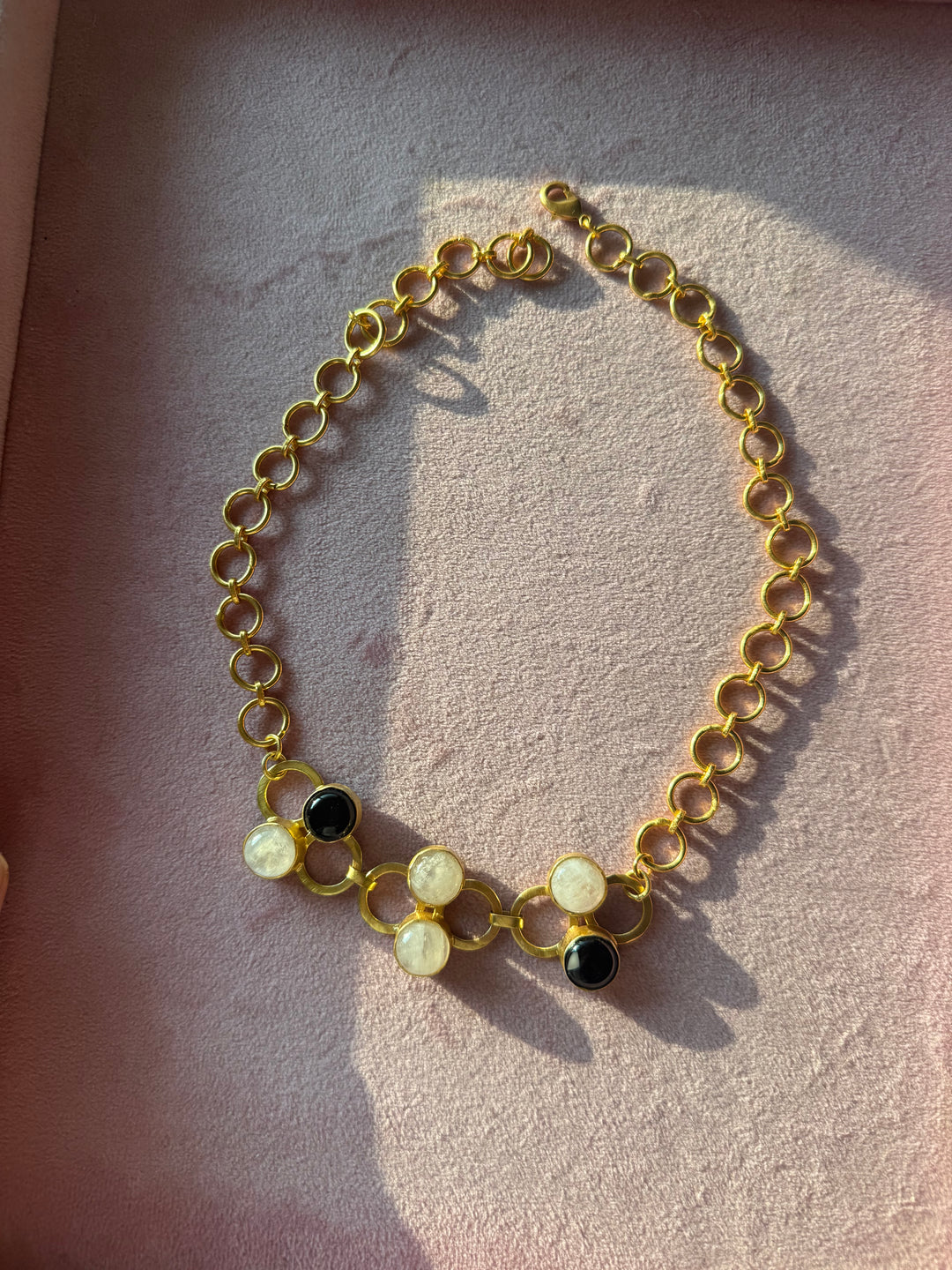 Handmade Moonstone & Black Onyx Statement Necklace | Gold Polish Brass Adjustable Necklace by SHIVKA