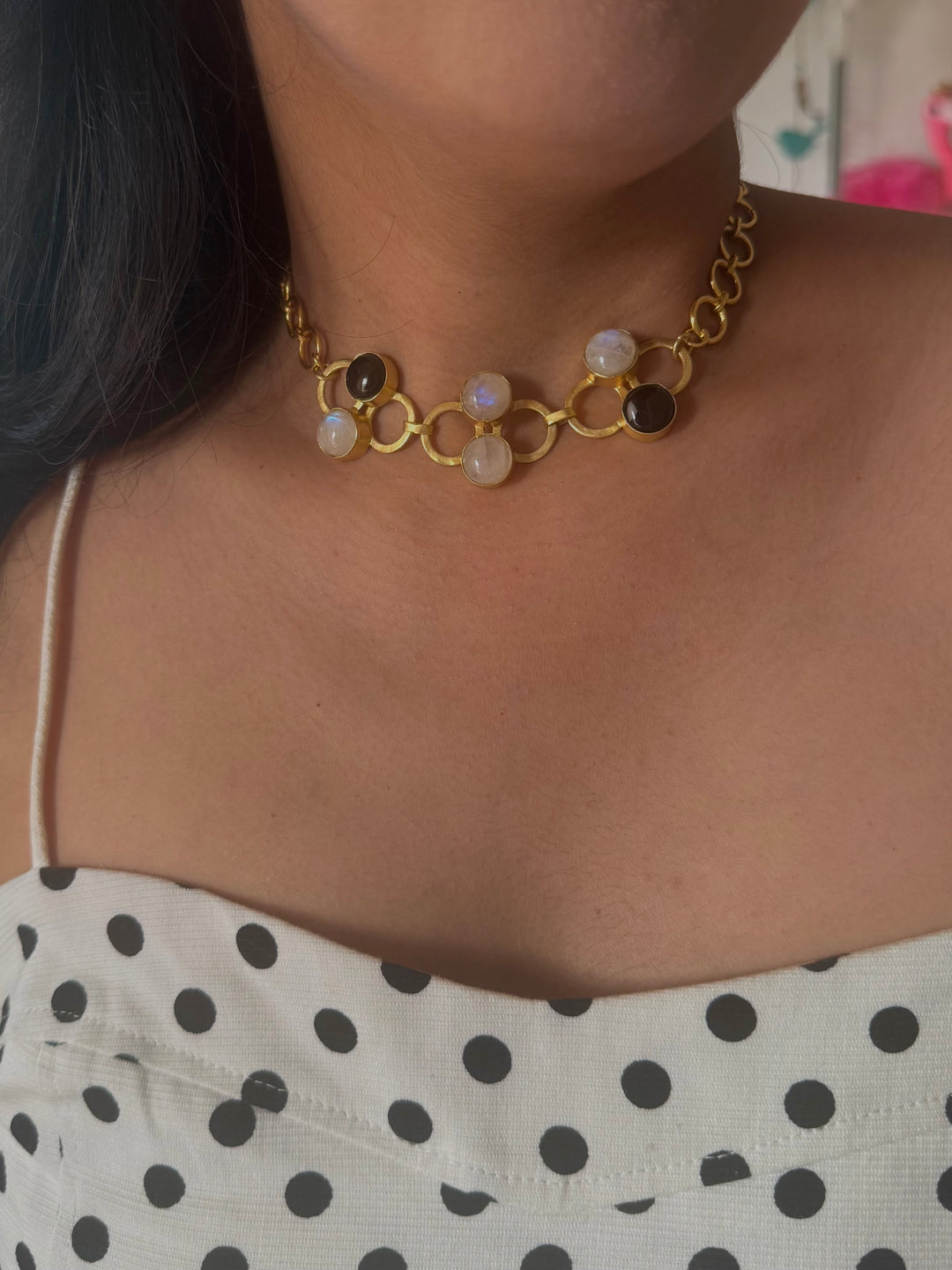 Handmade Moonstone & Black Onyx Statement Necklace | Gold Polish Brass Adjustable Necklace by SHIVKA