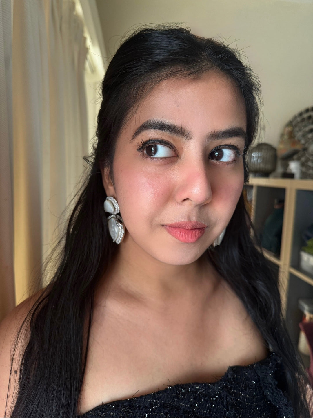 Designer MOP CZ Earrings | SHIVKA | Rhodium Plated Festive Statement