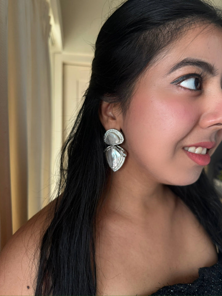 Designer MOP CZ Earrings | SHIVKA | Rhodium Plated Festive Statement