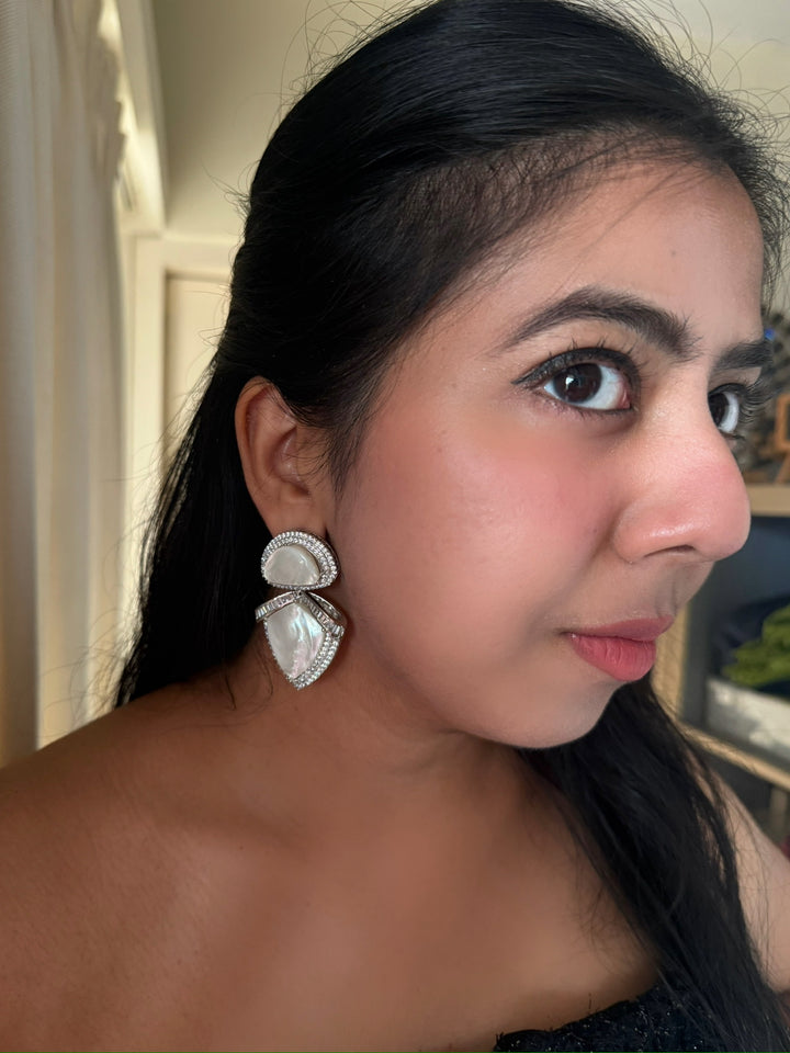 Designer MOP CZ Earrings | SHIVKA | Rhodium Plated Festive Statement