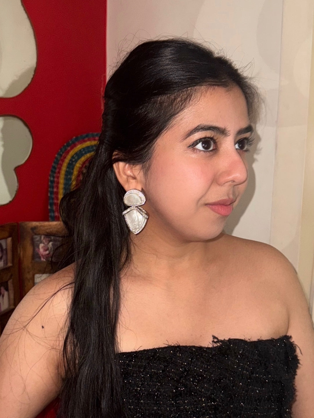 Designer MOP CZ Earrings | SHIVKA | Rhodium Plated Festive Statement