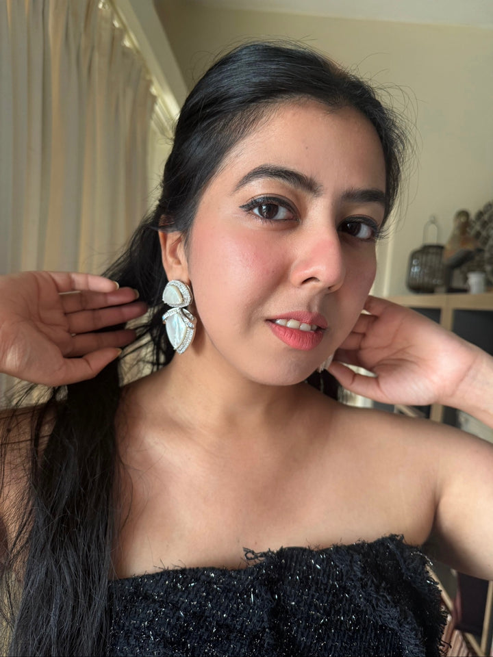 Designer MOP CZ Earrings | SHIVKA | Rhodium Plated Festive Statement
