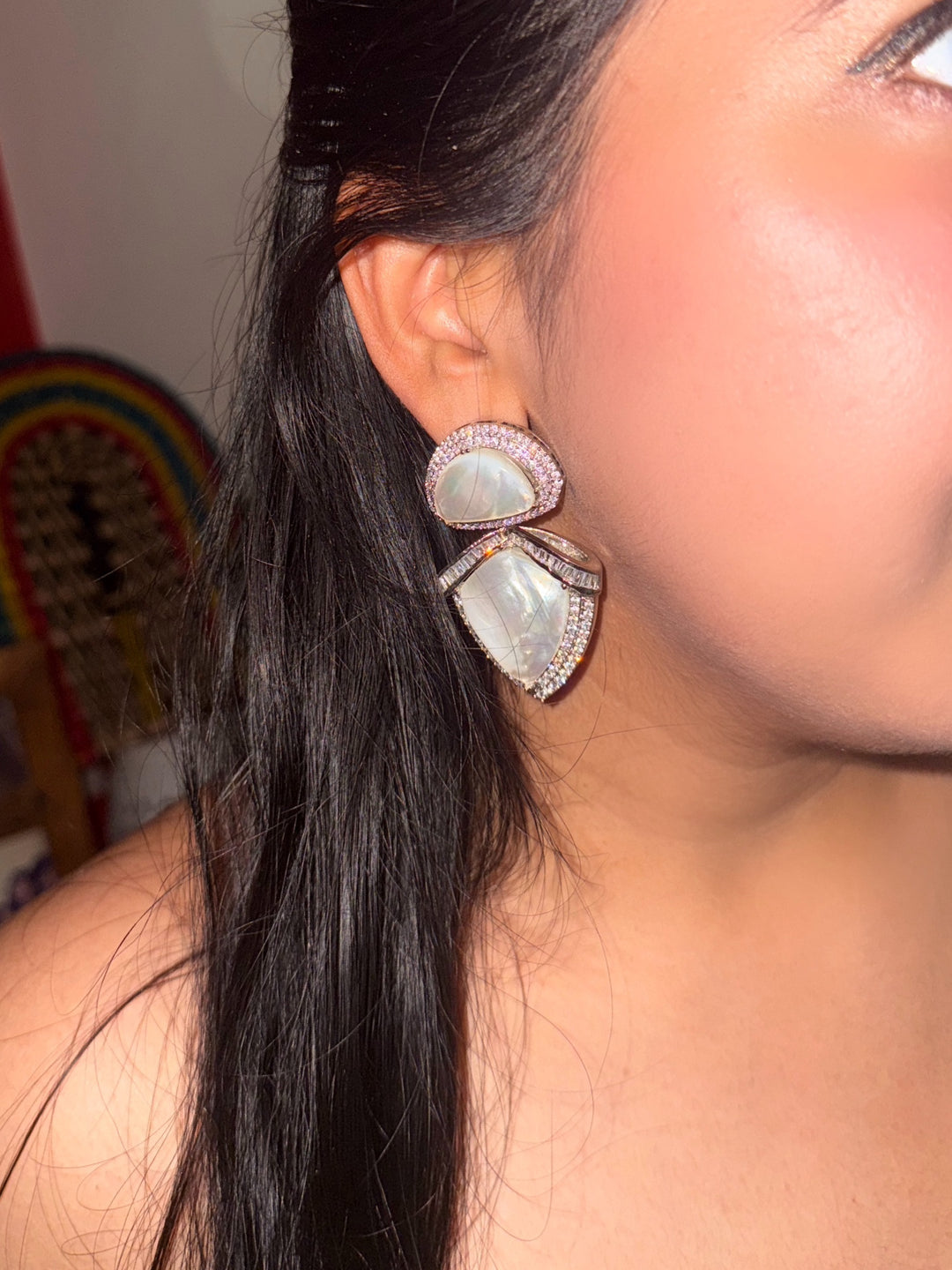 Designer MOP CZ Earrings | SHIVKA | Rhodium Plated Festive Statement