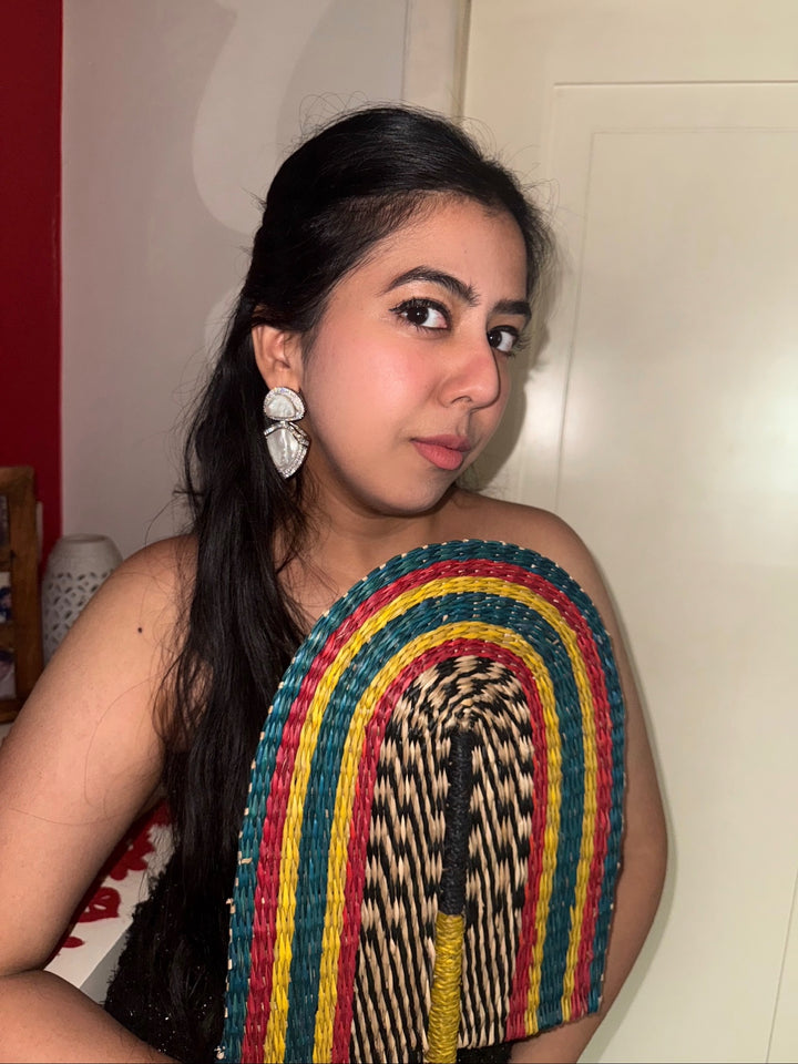 Designer MOP CZ Earrings | SHIVKA | Rhodium Plated Festive Statement