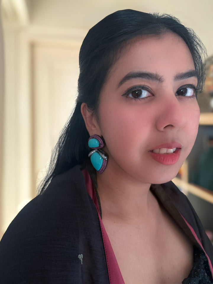 Designer Turquoise Earrings | SHIVKA | Rhodium Plated Festive Statement