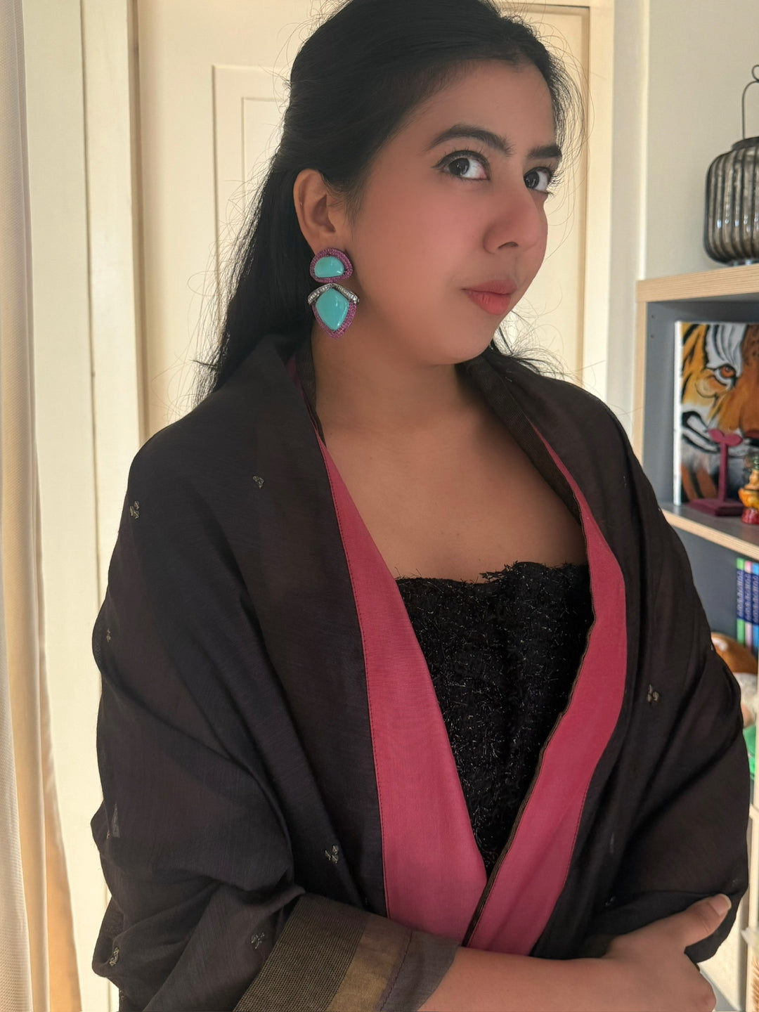 Designer Turquoise Earrings | SHIVKA | Rhodium Plated Festive Statement