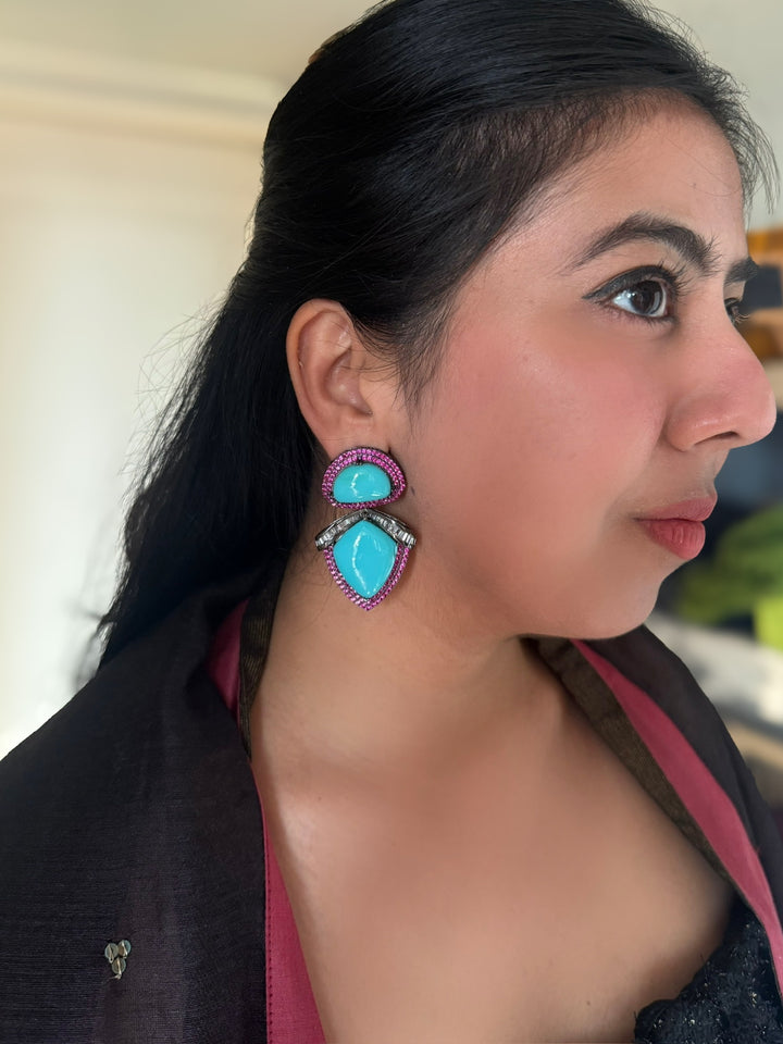 Designer Turquoise Earrings | SHIVKA | Rhodium Plated Festive Statement