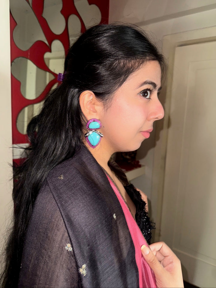 Designer Turquoise Earrings | SHIVKA | Rhodium Plated Festive Statement