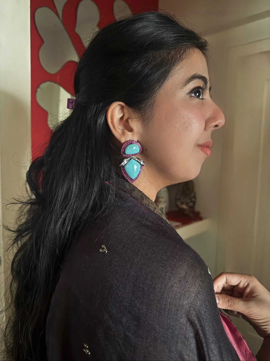 Designer Turquoise Earrings | SHIVKA | Rhodium Plated Festive Statement
