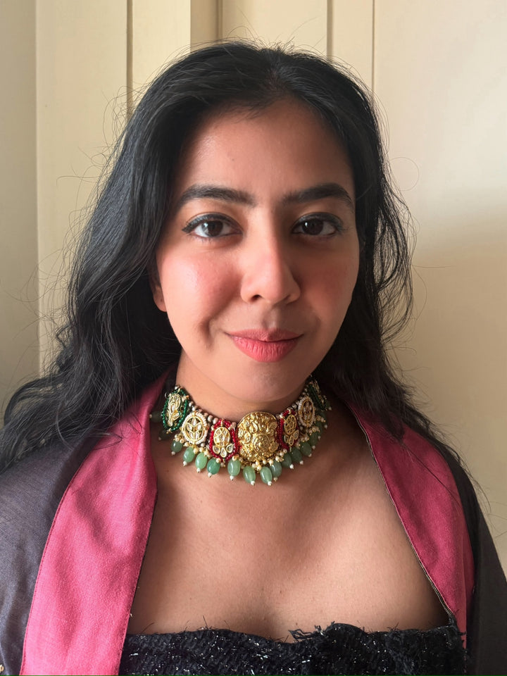 Fusion Designer Choker with Quartz & Mini Pearls | Dual Tone Adjustable Dori Necklace by SHIVKA