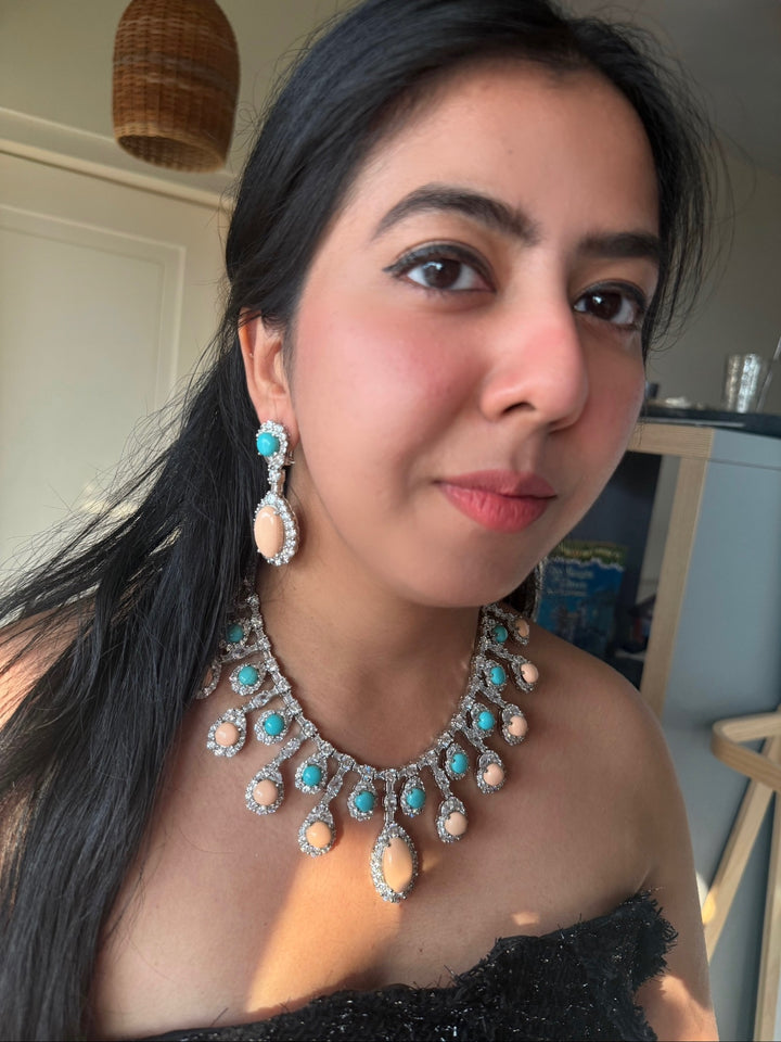 Peach Coral & Turquoise Necklace Set | SHIVKA