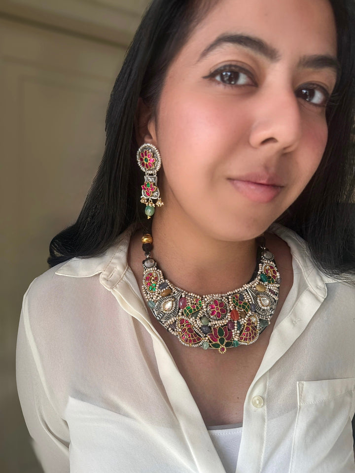 Handmade 925 Silver Nakhra Gemstone Necklace Set | SHIVKA