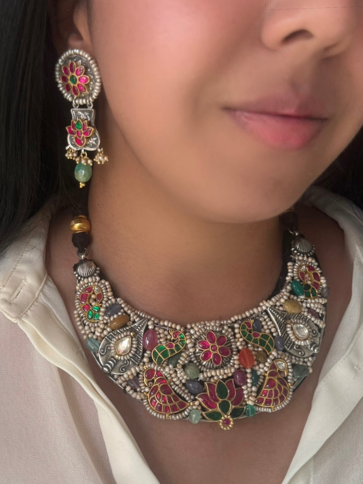 Handmade 925 Silver Nakhra Gemstone Necklace Set | SHIVKA
