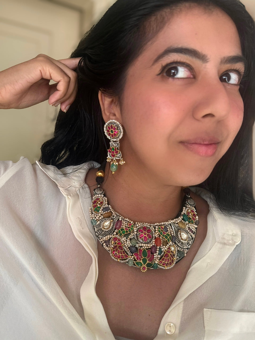 Handmade 925 Silver Nakhra Gemstone Necklace Set | SHIVKA