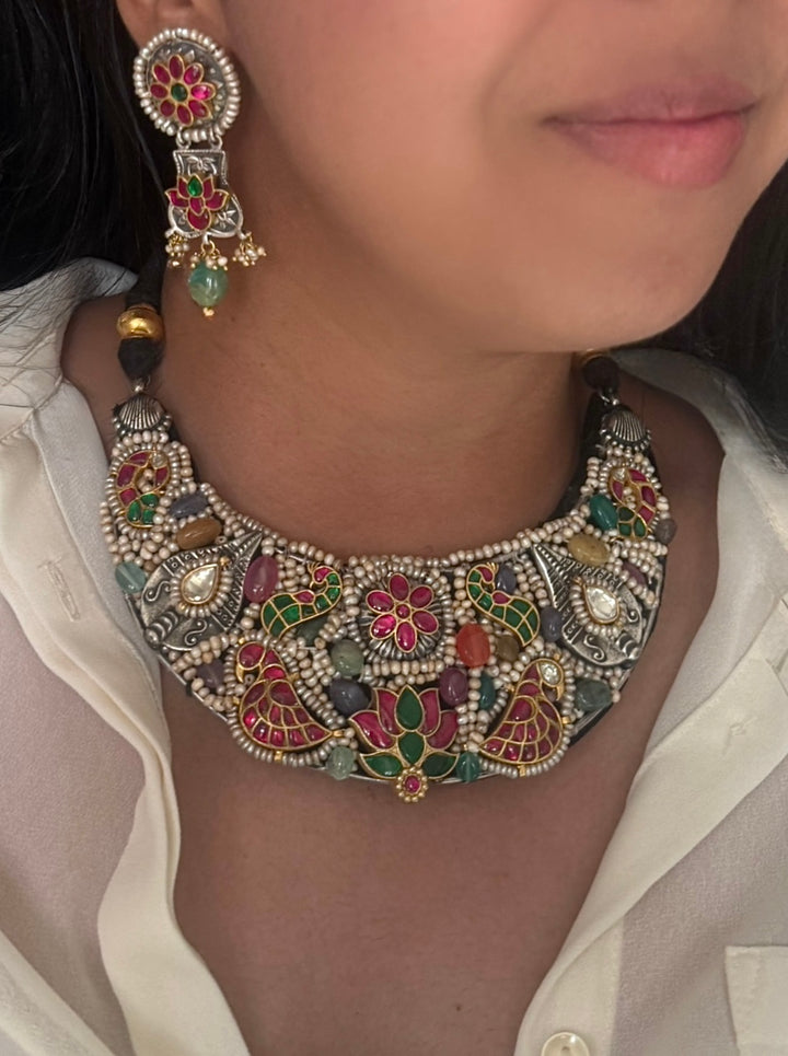 Handmade 925 Silver Nakhra Gemstone Necklace Set | SHIVKA