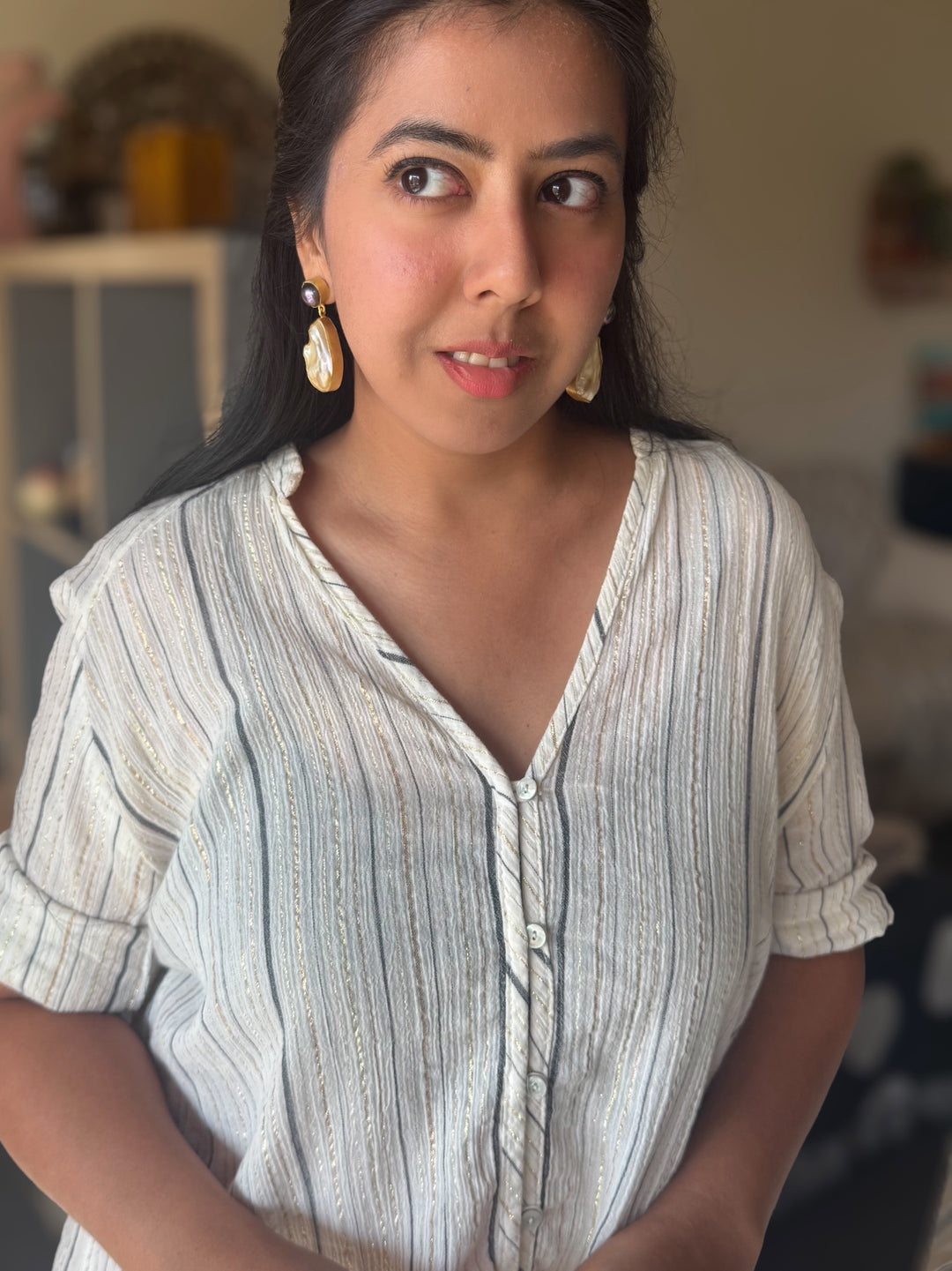 Handmade Labradorite & Pearl Statement Earrings | Brass Push Back Jewelry