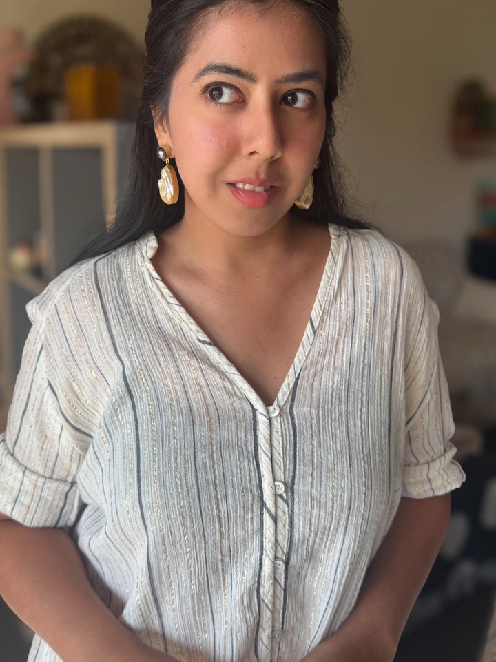 Handmade Labradorite & Pearl Statement Earrings | Brass Push Back Jewelry