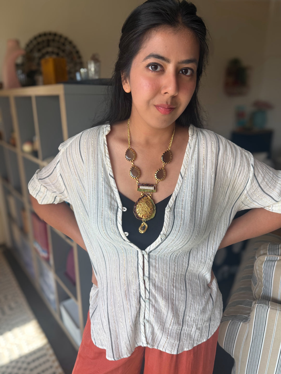 Handmade Statement Gemstone Necklace | Brass Adjustable Lobster Claw Jewelry