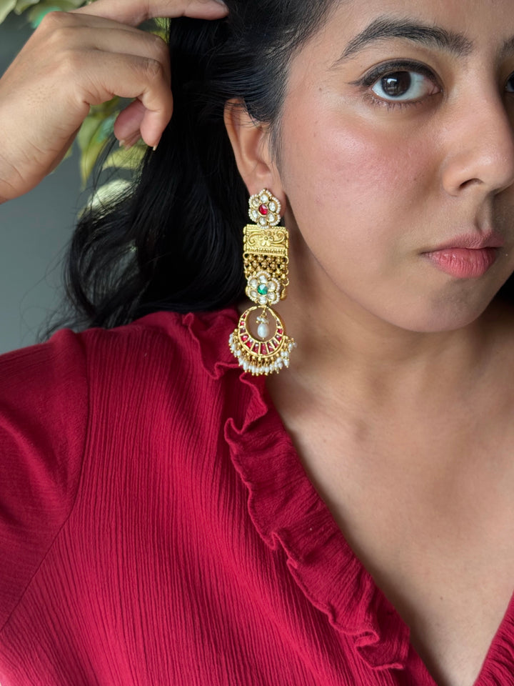 Elegant Jadau Kundan 925 Silver Earrings