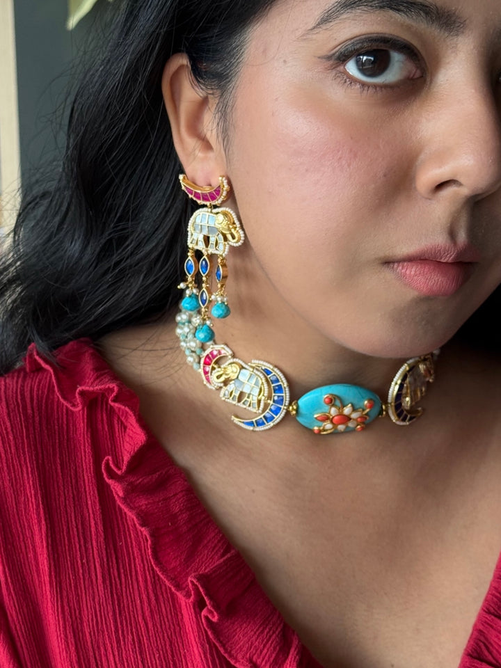Handmade Jadau Elephant Choker Necklace Set | SHIVKA