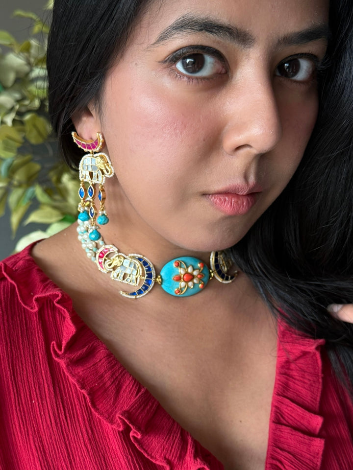 Handmade Jadau Elephant Choker Necklace Set | SHIVKA