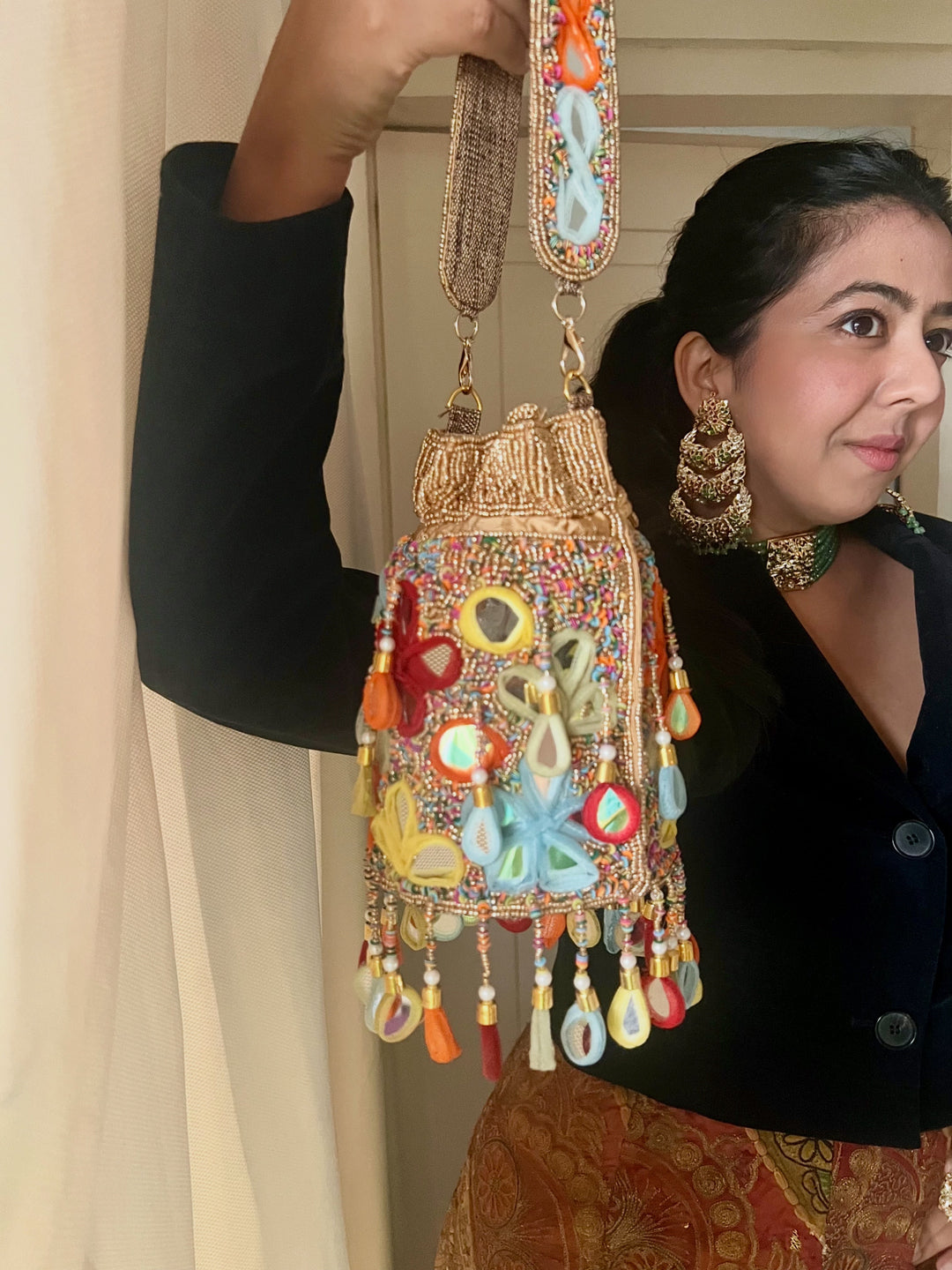 Handmade Colorful Mirror Work Potli Bag | Detachable Handle Evening Purse | Boho Statement Clutch