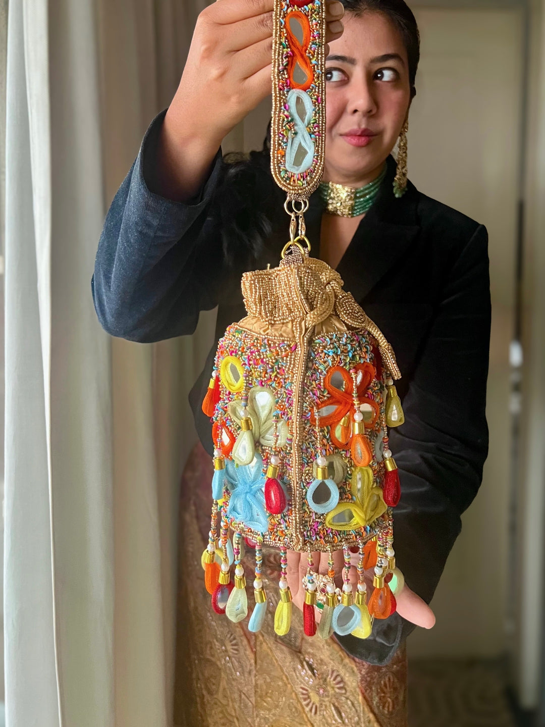 Handmade Colorful Mirror Work Potli Bag | Detachable Handle Evening Purse | Boho Statement Clutch