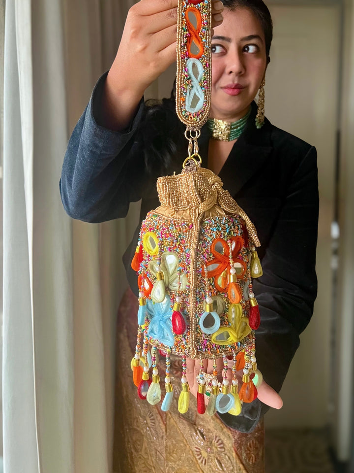 Handmade Colorful Mirror Work Potli Bag | Detachable Handle Evening Purse | Boho Statement Clutch