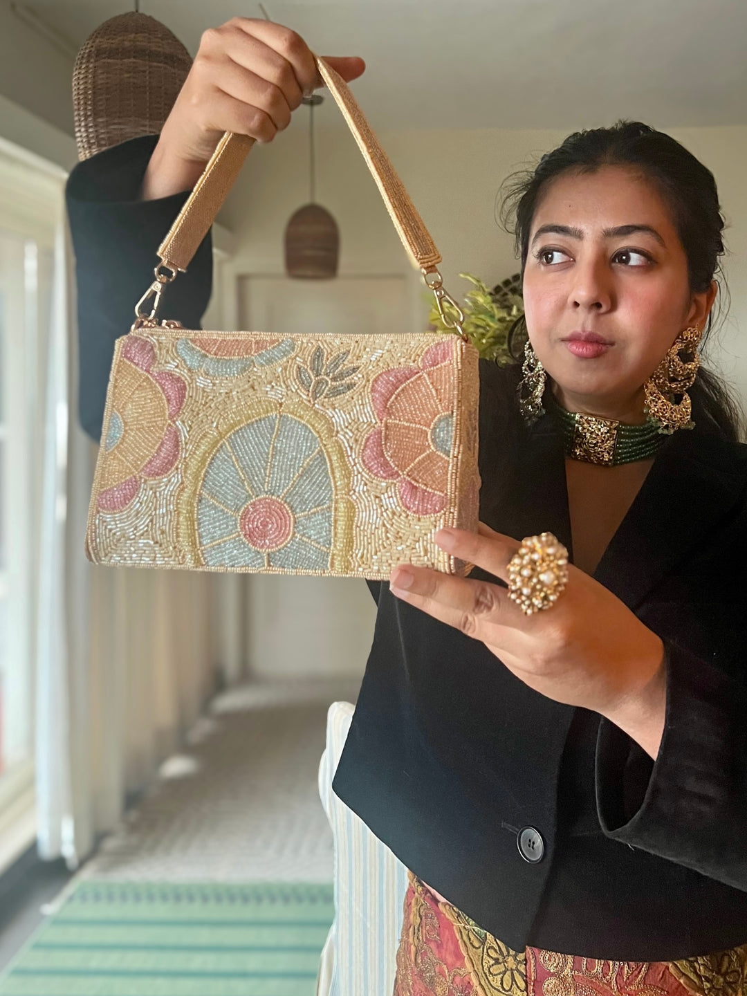 Handmade Pink Sky Blue & Ivory Beaded Purse | Elegant Embroidered Clutch | Detachable Strap