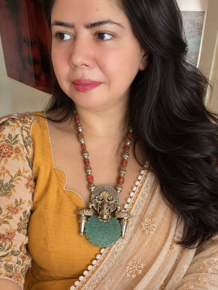 Hand-Carved Green Stone & Coral Bead 925 Silver Ganesha Necklace Set