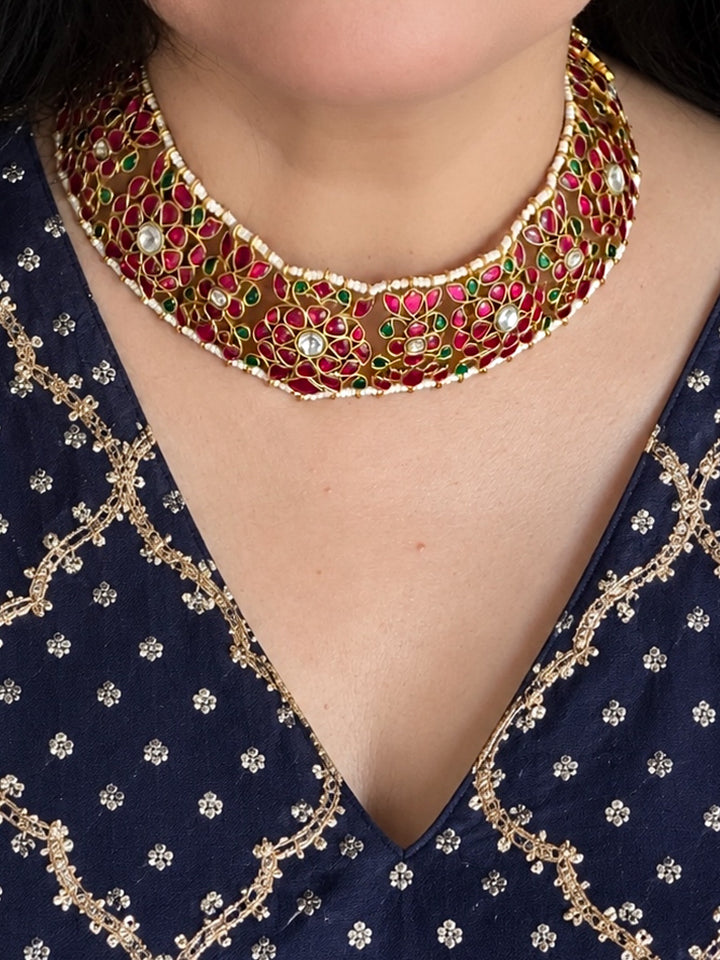 Fuchsia Pink 925 Silver Jadau Kundan Floral Necklace Set