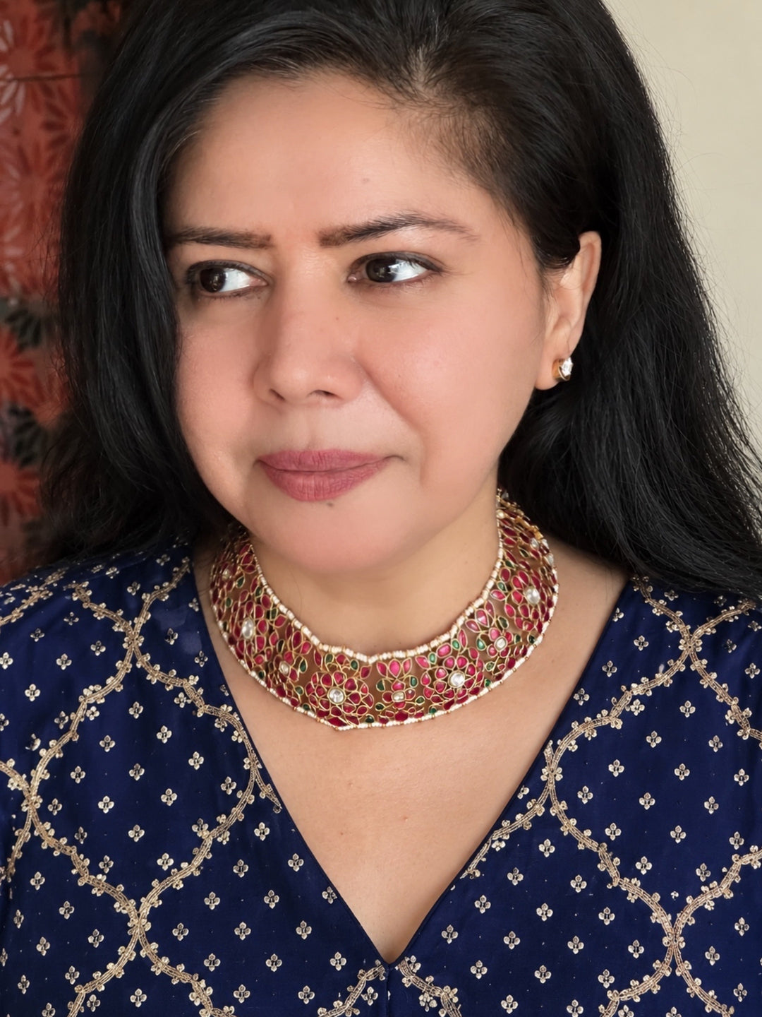 Fuchsia Pink 925 Silver Jadau Kundan Floral Necklace Set