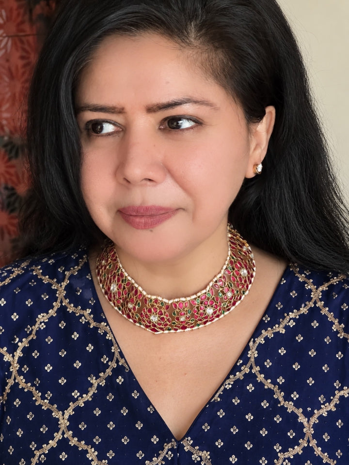 Fuchsia Pink 925 Silver Jadau Kundan Floral Necklace Set