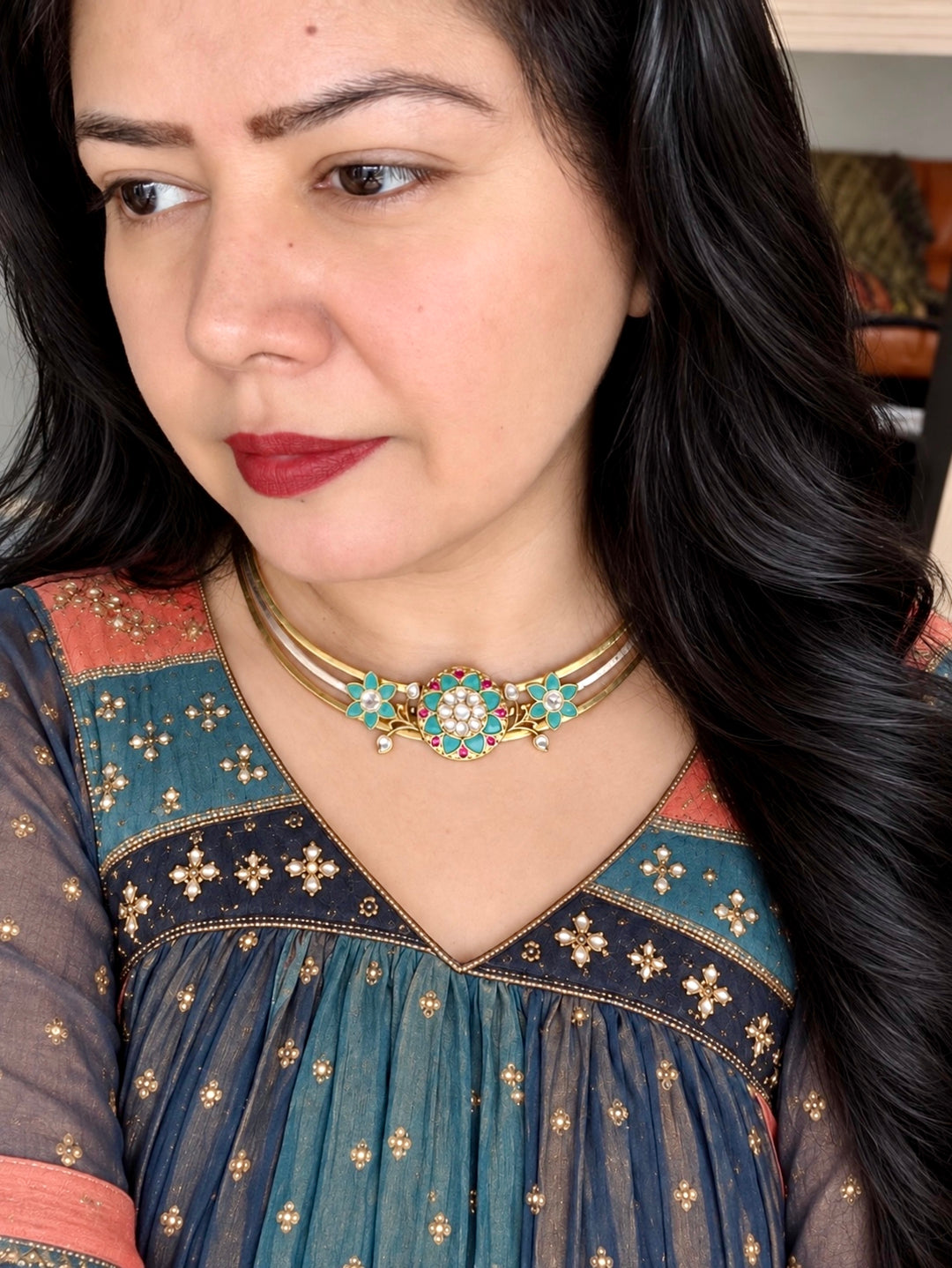 Turquoise Floral 925 Silver Hasli Necklace Set