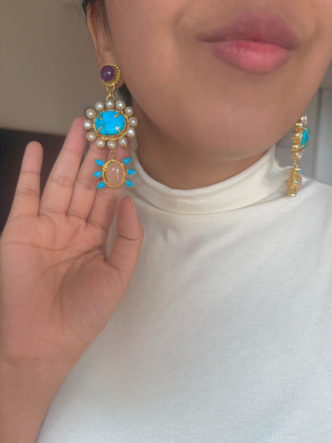 Natural Gemstone Statement Earrings | SHIVKA | Gold Polish | Rose Quartz & Pearls