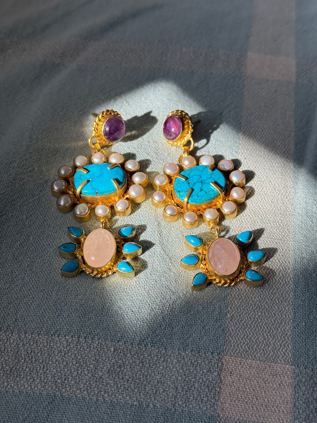 Natural Gemstone Statement Earrings | SHIVKA | Gold Polish | Rose Quartz & Pearls
