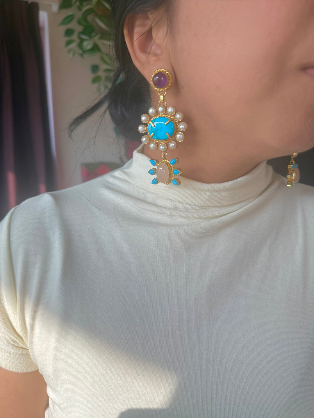 Natural Gemstone Statement Earrings | SHIVKA | Gold Polish | Rose Quartz & Pearls