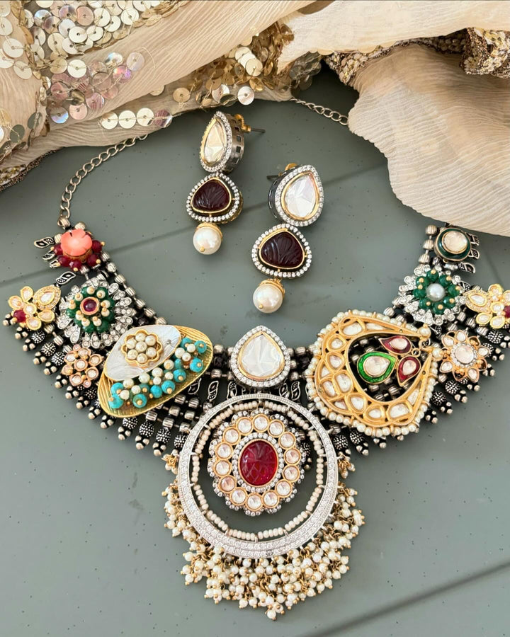 SHIVKA One of a Kind Designer Dual Tone Necklace with Kundan Earrings
