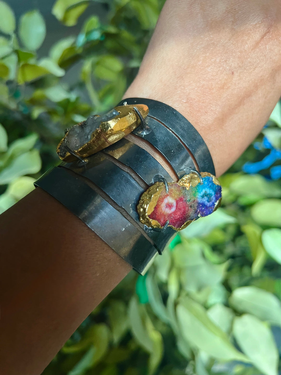 SHIVKA Designer Brass Quartz Cuff | Black Rhodium Polish | Natural Stones | Adjustable | 65g