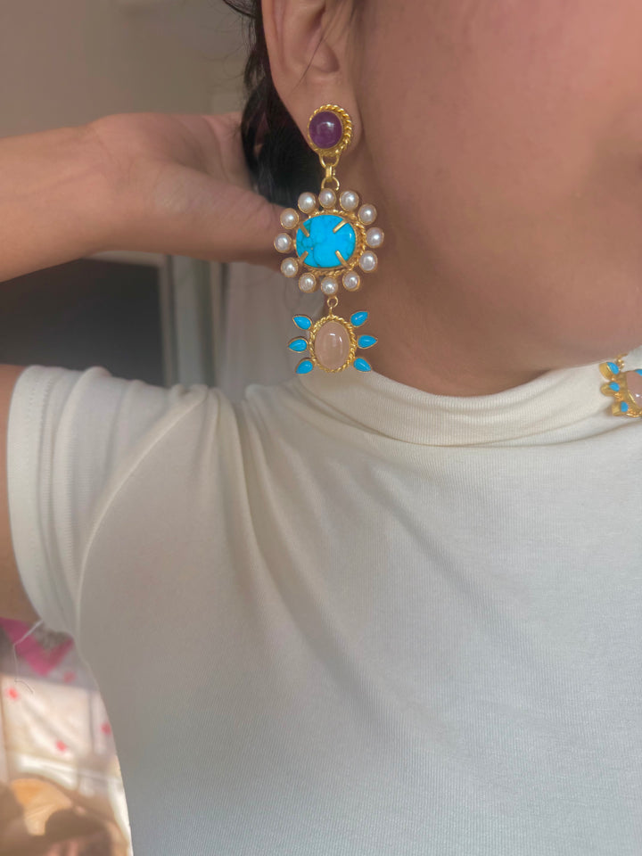 Natural Gemstone Statement Earrings | SHIVKA | Gold Polish | Rose Quartz & Pearls