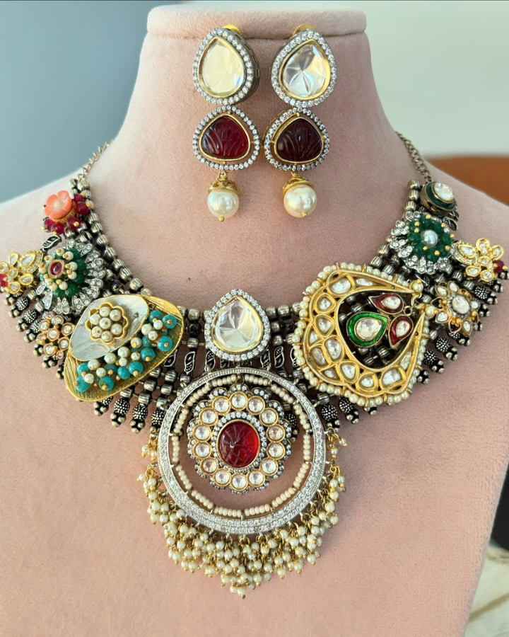 SHIVKA One of a Kind Designer Dual Tone Necklace with Kundan Earrings