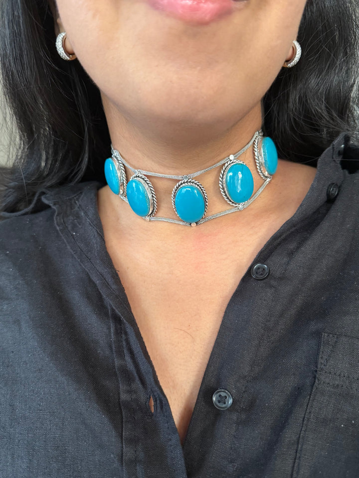 Statement Blue Turquoise Stone Choker / One-of-a-kind Jewelry/ Indian Choker