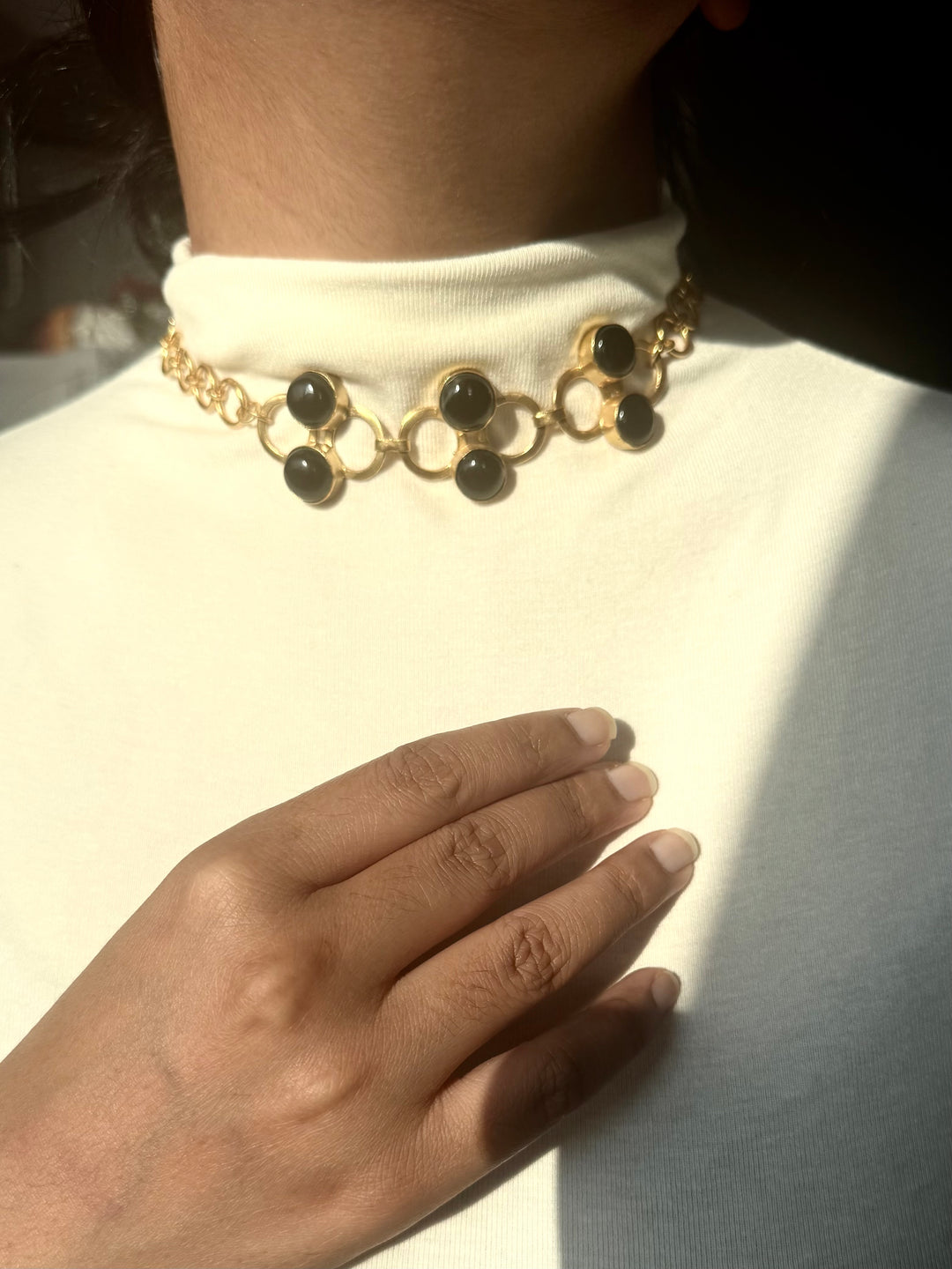 Handmade Black Onyx Statement Necklace | Gold Polish Brass Adjustable Necklace by SHIVKA