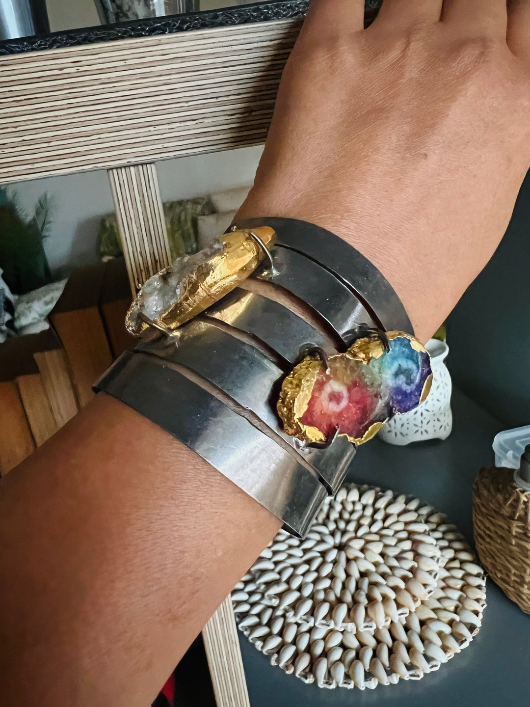 SHIVKA Designer Brass Quartz Cuff | Black Rhodium Polish | Natural Stones | Adjustable | 65g