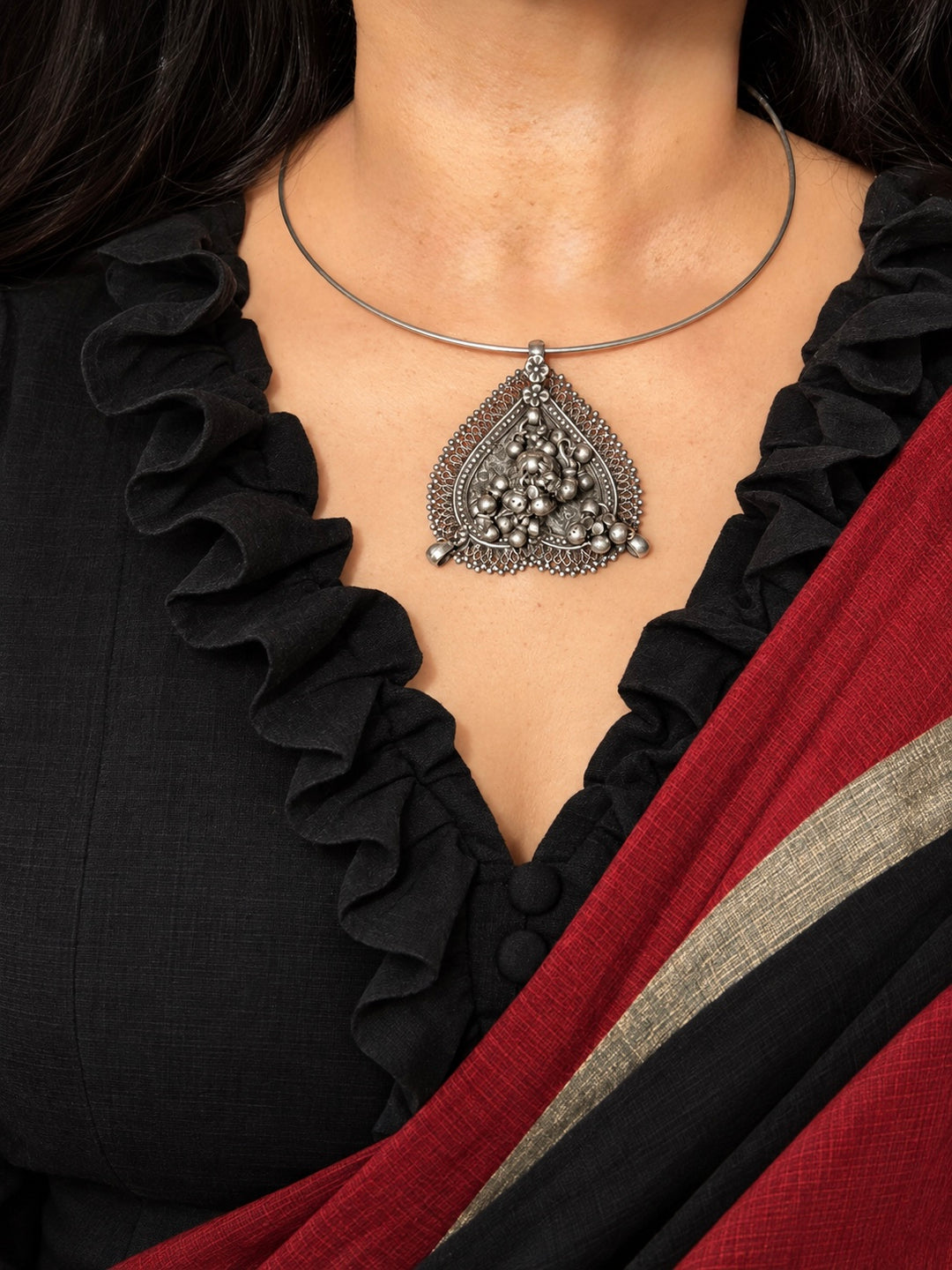925 Silver Antique Tribal Spade Hasli Necklace with Detachable Pendant