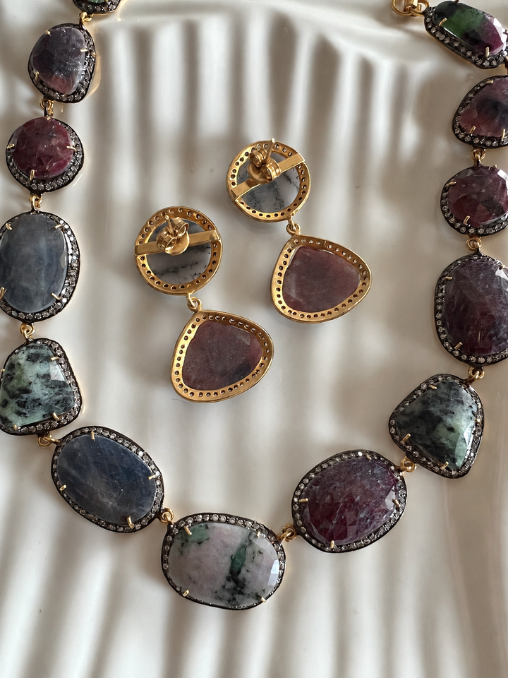 Gold-Plated Multi-Sapphire 925 Silver Necklace Set